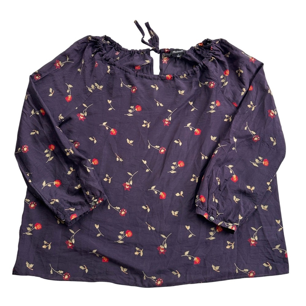 Madewell Floral Peasant Blouse Women Size S Purple Cotton Silk Blend Excellent